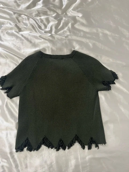 AKIRA Olive Green Short Sleeve Fringe Hem Knit Top - Picture 3 of 3